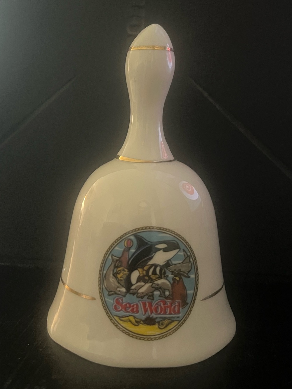 Sea World White Ceramic Collectible Bell with Gold Trim Shamu Souvenir